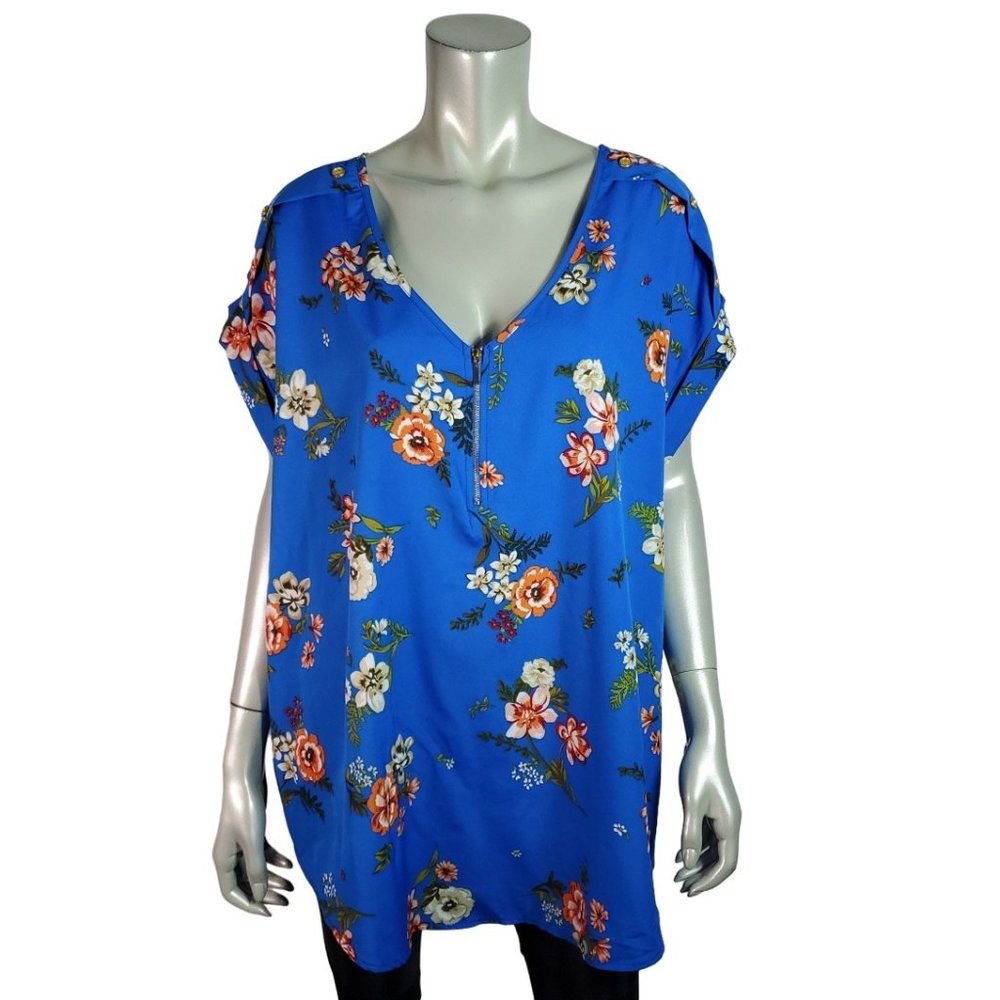 Speed Limit‎ Top Plus Sz 3X Lightweight Floral V- Neck Cap Sleeve Casual Blue